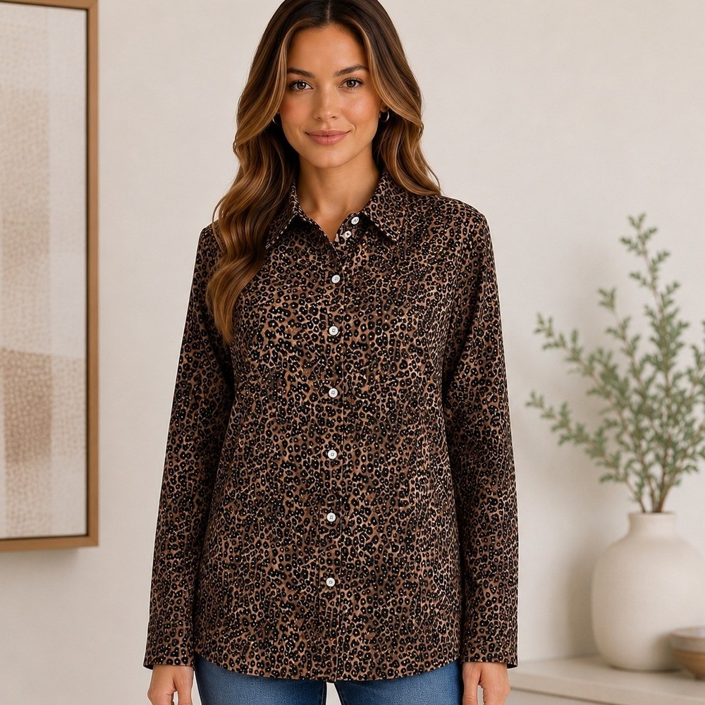 NWT‎ J.McLaughlin Lois Blouse XL Brown Cheetah Animal Print Button Up Leopard